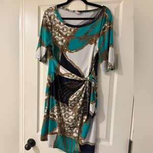 J.B.S. Blue and Black Ruched Wrap Midi Dress Large